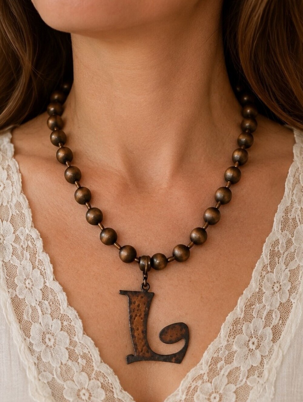 VTG Industrial Rustic Chunky Bronze Ball Chain Intitial L Statement Necklace